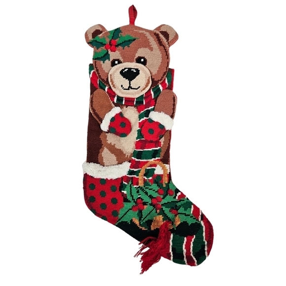 Vintage Needlepoint Teddy Bear 3D Christmas Stocking 20 Inch Holiday Decor‎ - Picture 1 of 6